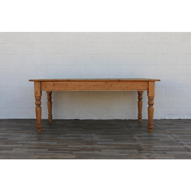 Brown Vintage 1980s English Farmhouse Solid Pine Dining Table With Drawer & Turned Legs For Sale - Image 8 of 18