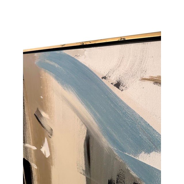 Abstract Extra Large Blue and Tan Abstract Painting in Gold Float Frame For Sale - Image 3 of 8