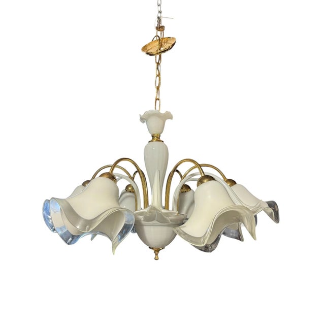 Metal Italian Murano Hand Blown Lily Art Glass Chandelier For Sale - Image 7 of 8