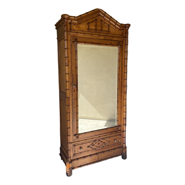 Antique French Armoire With Faux Bamboo & Pine Wood For Sale