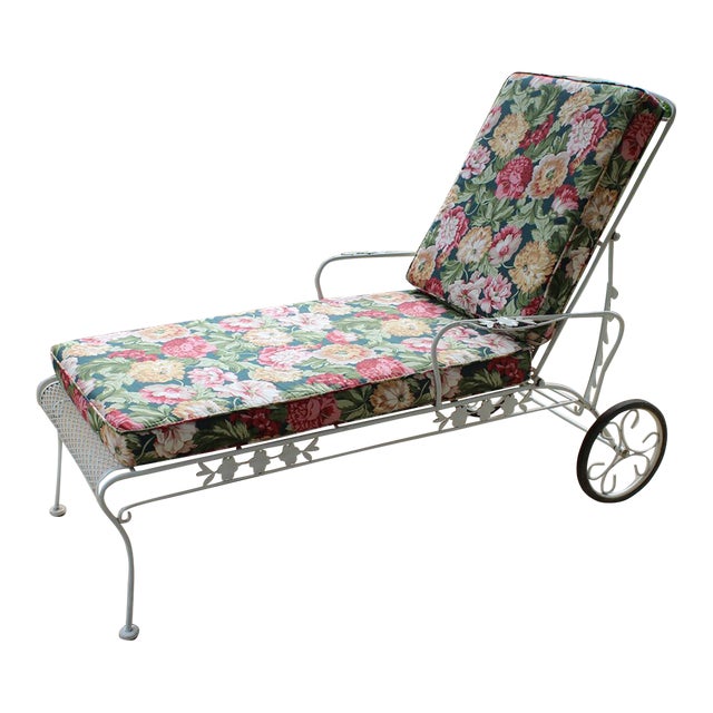 Wrought Iron Chaise Lounge With Floral Cushions For Sale