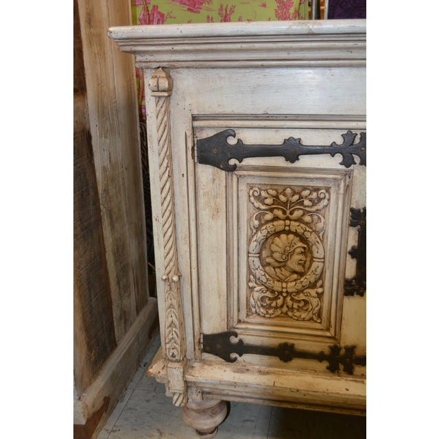 Gothic 1940s Vintage Karpen Furniture Gothic Cream Wood Lockable Cabinet W/ Black Iron Strap Hinges & Carved Faces For Sale - Image 3 of 12