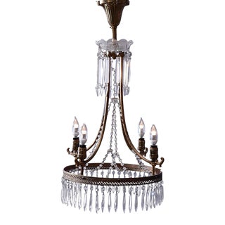 Antique French Style Bronzed Four-Light Chandelier with Draped Crystals, c1920 For Sale