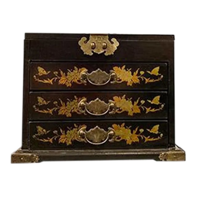 Contemporary Asian 3 Drawers Black Painted Jewelry Box For Sale