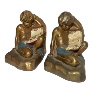 Large Pair Antique Armor Patinated Bronze Clad Co. Cherub Boy Reading Bookends
