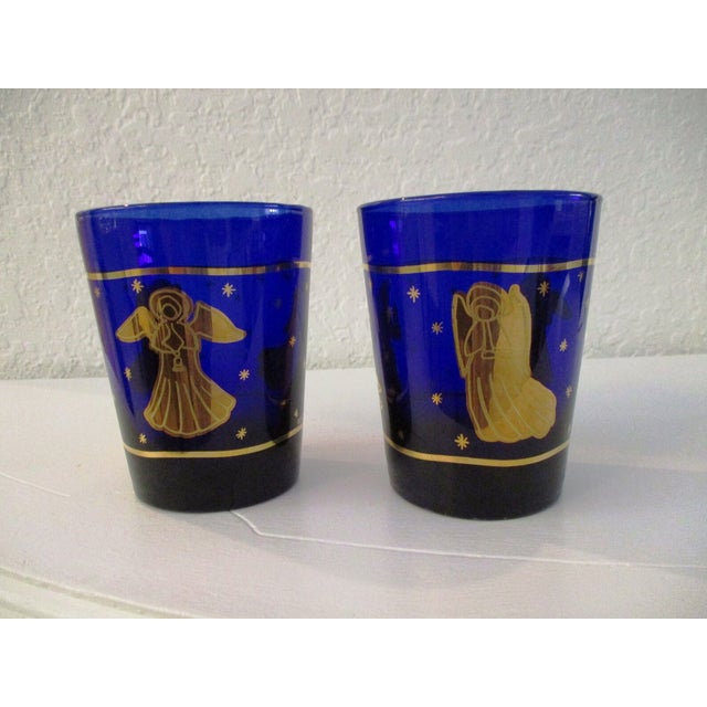 Victorian Vintage Culver "Celestial Angels" Cobalt Blue 22k Lowball Glasses, S/4 For Sale - Image 3 of 4