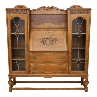 Antique 1920s Oak Leaded Glass Bookcase & Desk Combo Arts & Crafts Era For Sale
