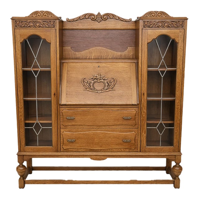 Antique 1920s Oak Leaded Glass Bookcase & Desk Combo Arts & Crafts Era For Sale