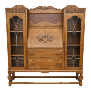 Antique 1920s Oak Leaded Glass Bookcase & Desk Combo Arts & Crafts Era