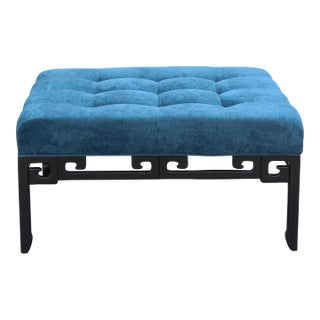 Mid Century Ottoman With Blue Velvet Top For Sale