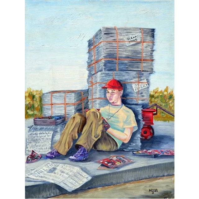 Mid 20th Century "The Paper Boy and His Comics" Figurative Oil Painting by Louise Miller Clark For Sale