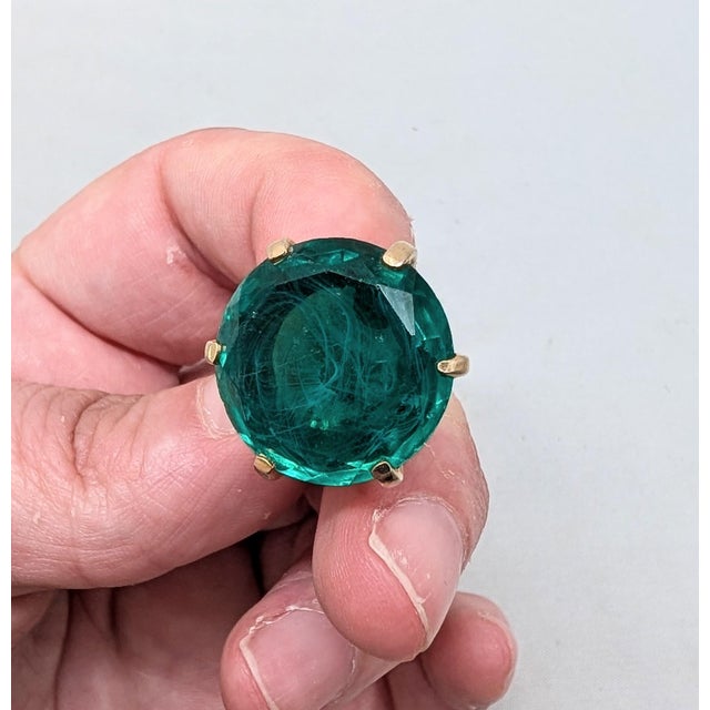 Vintage 1950s Signed Crown Trifari Round Flawed Faux-Emerald Clip Earrings-2 Pieces For Sale - Image 9 of 11