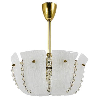 Petite Curved Basket Chandelier in Brass & Glass attributed to J. T. Kalmar for Kalmar, Austria, 1950s For Sale