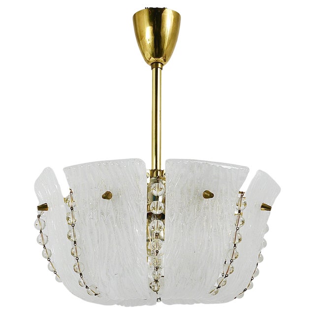 Petite Curved Basket Chandelier in Brass & Glass attributed to J. T. Kalmar for Kalmar, Austria, 1950s For Sale