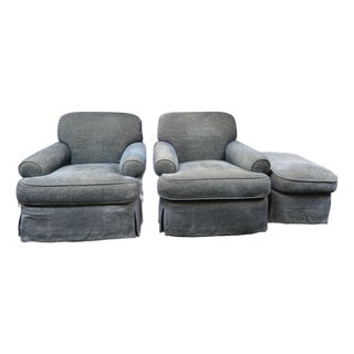 Custom Design Roll Arm Chairs + Ottoman, Set of Three For Sale