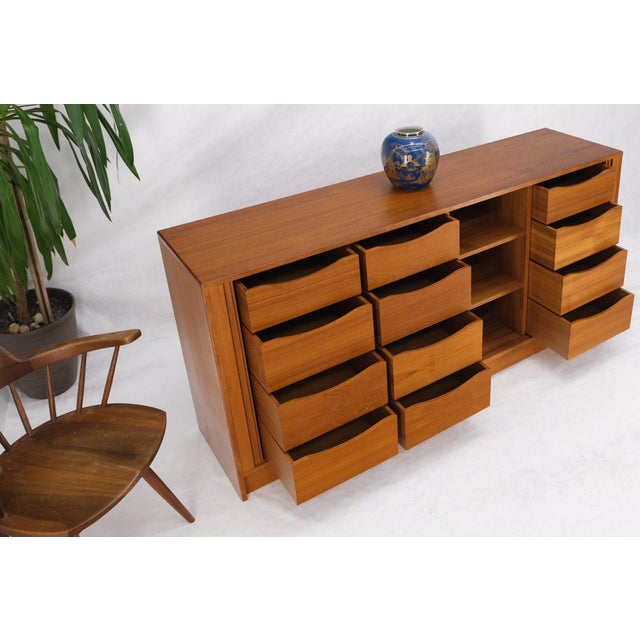 Tambour doors 12 deep drawers 3 shelves Danish Mid-Century Modern Teak Mid-Century Modern credenza dresser cabinet mint.