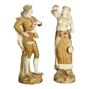 Pair of Antique Continental Porcelain Bisque Statues Courting Couple, Circa 1900