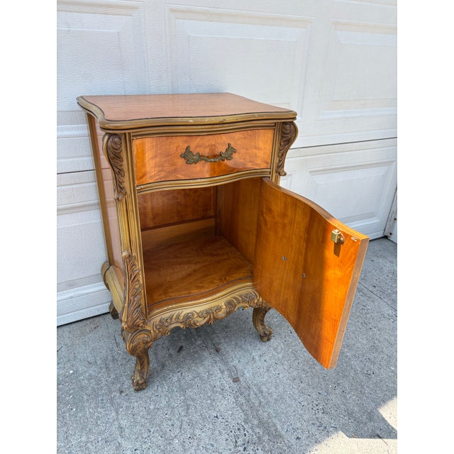 Vintage French Provincial Revival Parquetry Bedside Cabinet Nightstand Chest With Carved Details For Sale - Image 12 of 12