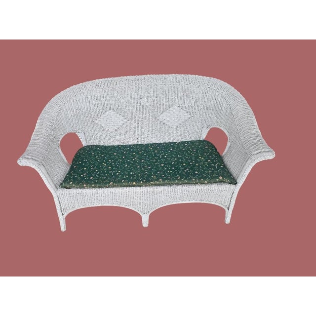 Vintage Coastal White Wicker 7-Piece Conversation Set With Loveseat, Four Chairs & Glass Top Tables For Sale - Image 10 of 11