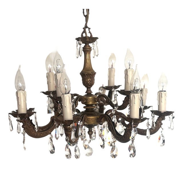 Antique French Brass and Lead Crystal Twelve-Light Chandelier, 1920s For Sale
