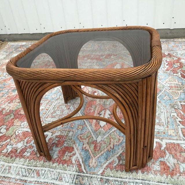 Gabriella Crespi Coastal Twisted Rattan Side Table With Smoky Glass Top For Sale - Image 4 of 11