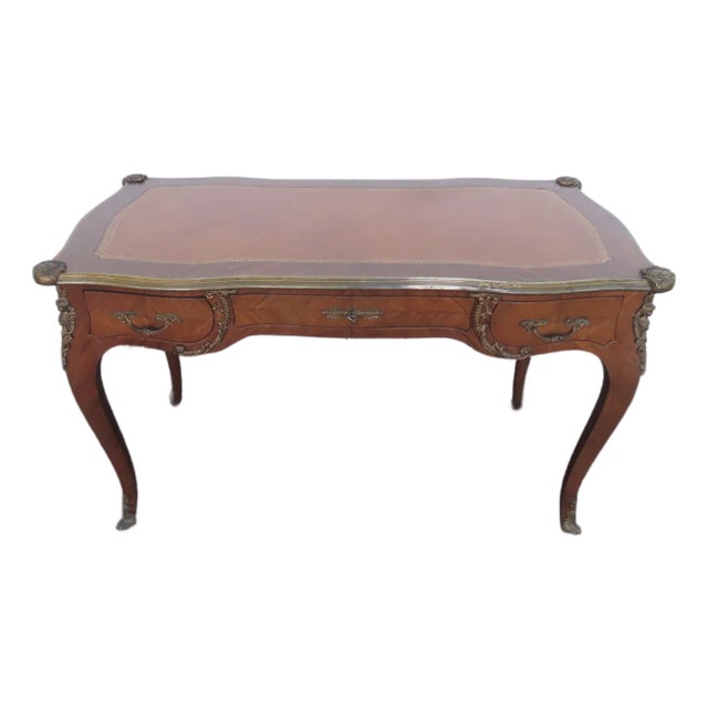 French Late 1800s Large Inlay Leather Top Partner Extension Desk 6431 For Sale