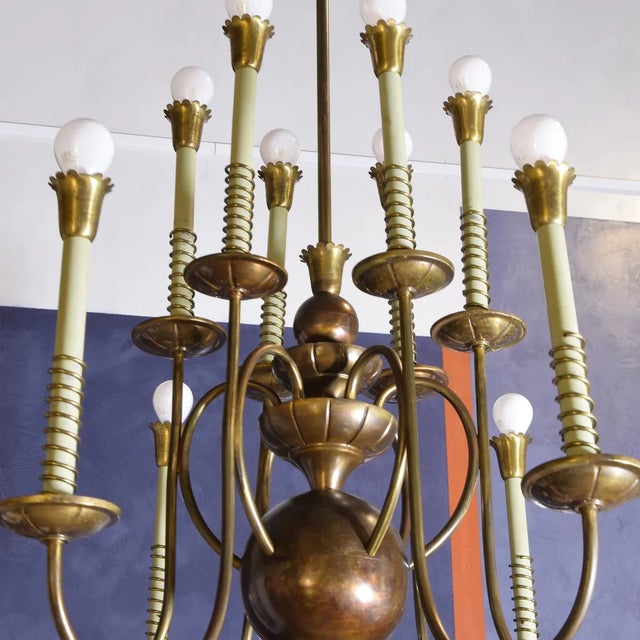 Brass 12-Light Pendant Chandelier, Italy, 1950s For Sale - Image 6 of 8
