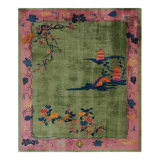 1920s Green Pictorial Antique Chinese Art Deco Carpet Rug 8' X 9'6" Wool Knotted Pile For Sale