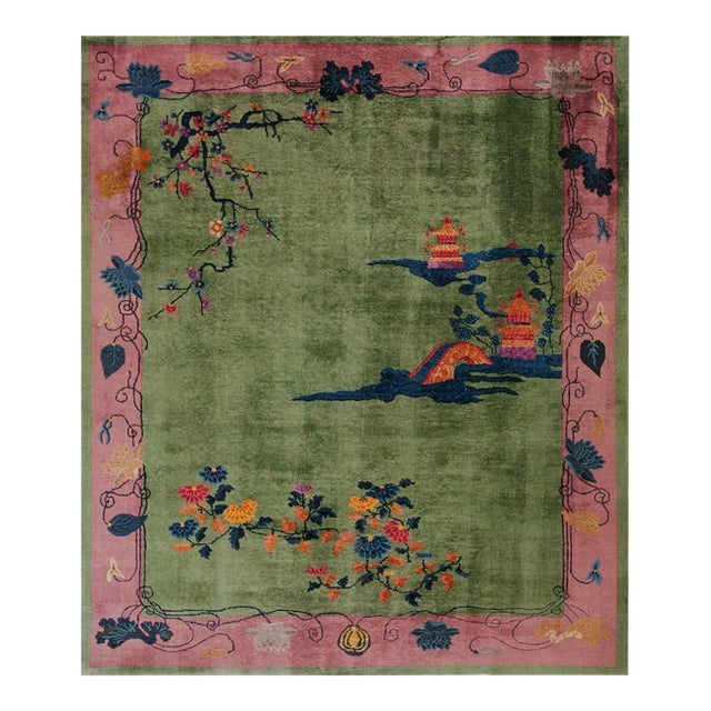 1920s Green Pictorial Antique Chinese Art Deco Carpet Rug 8' X 9'6" Wool Knotted Pile For Sale