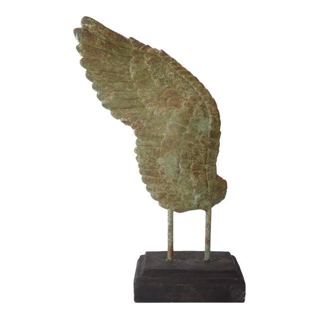 Large Rustic Verdigris Wing Sculpture on Stand For Sale