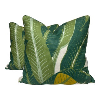 Schumacher "Tropical Isle" in Green on Ivory 22" Pillows-a Pair For Sale
