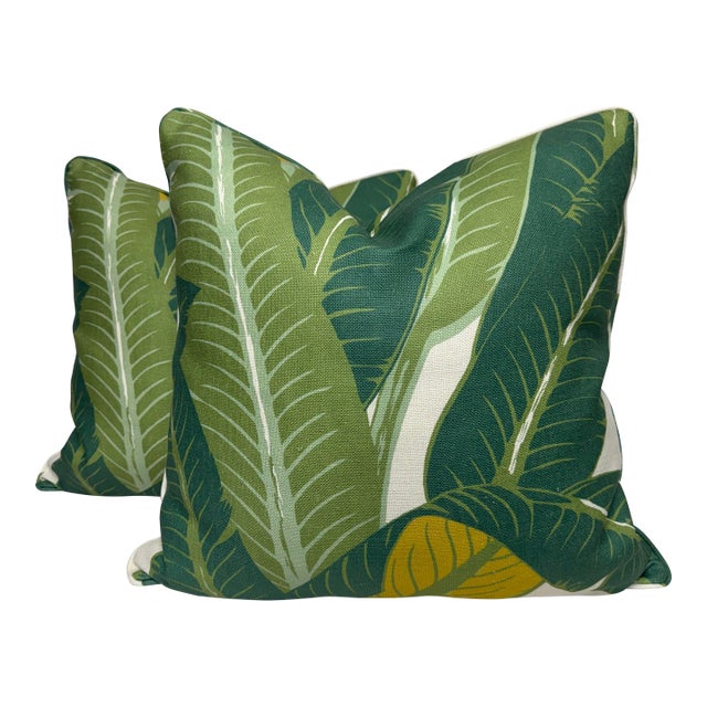 Schumacher "Tropical Isle" in Green on Ivory 22" Pillows-a Pair For Sale