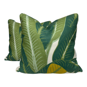 Schumacher "Tropical Isle" in Green on Ivory 22" Pillows-a Pair