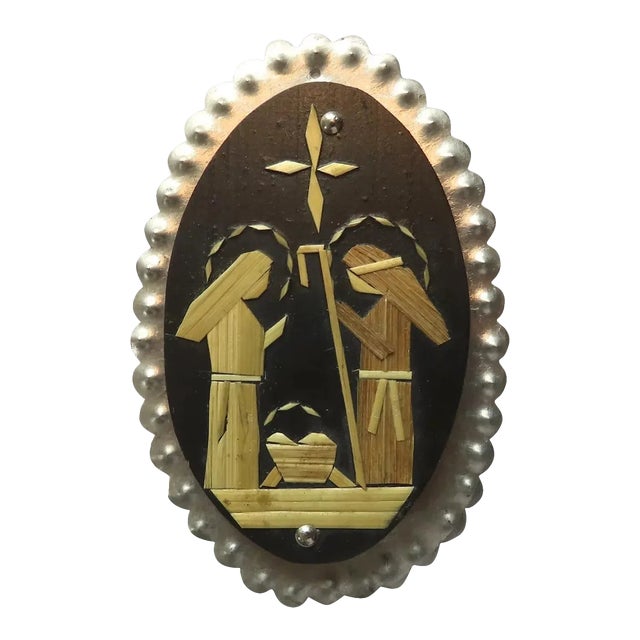 Vintage Straw Tin Work Ornament Wall Hanging by Martha Varoz-Ewing Signed Dated 2004 Mary Joseph Baby Jesus For Sale