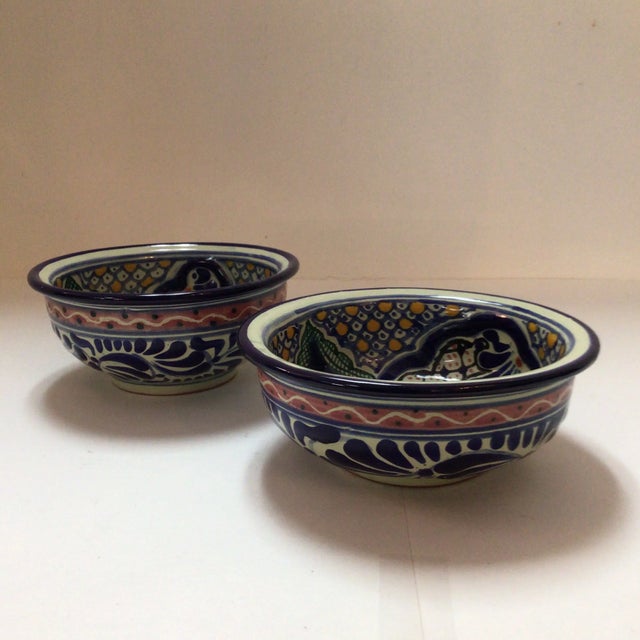 Colorful hand painted flower and leaf Talavera salsa/dip bowls made in Mexico. The shortest of the two measures 5 inches...