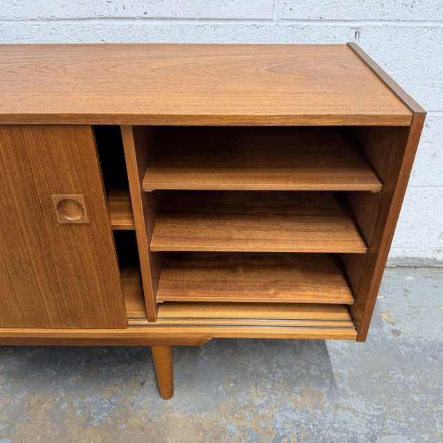 Mid 20th Century Long Danish Modern Teak Low Sideboard With Sliding Doors, Circa 1960s For Sale - Image 5 of 8