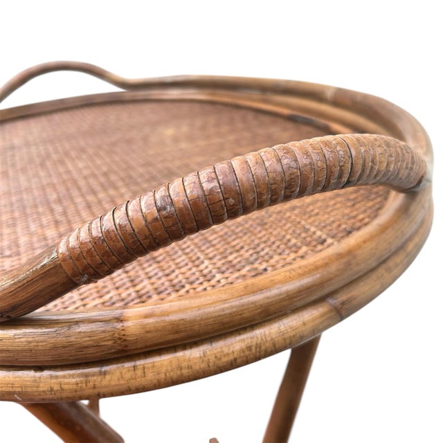 Vintage Mid 20th Century Folding Bamboo Butler Serving Tray TV Table MCM Cottage. Beautiful oval serving butler tray table...
