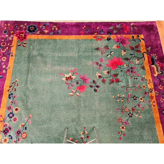 Vintage Art Deco Chinese Rug, Hand-Knotted Wool, Floral Motif, Turquoise & Purple, 9x12 For Sale - Image 12 of 18