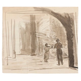 Raymond Cazanove, in the Crypt, Original Ink and Watercolor, Mid-20th Century For Sale