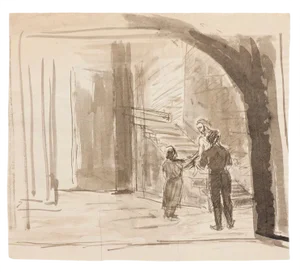 Raymond Cazanove, in the Crypt, Original Ink and Watercolor, Mid-20th Century