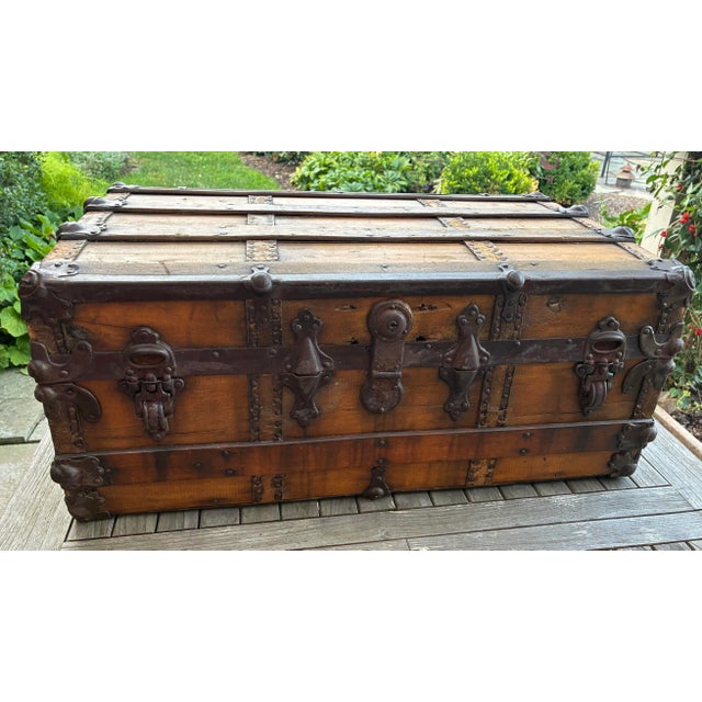 Farmhouse Antique Wood Travel Trunk With Leather Straps and Original Hardware For Sale - Image 3 of 12