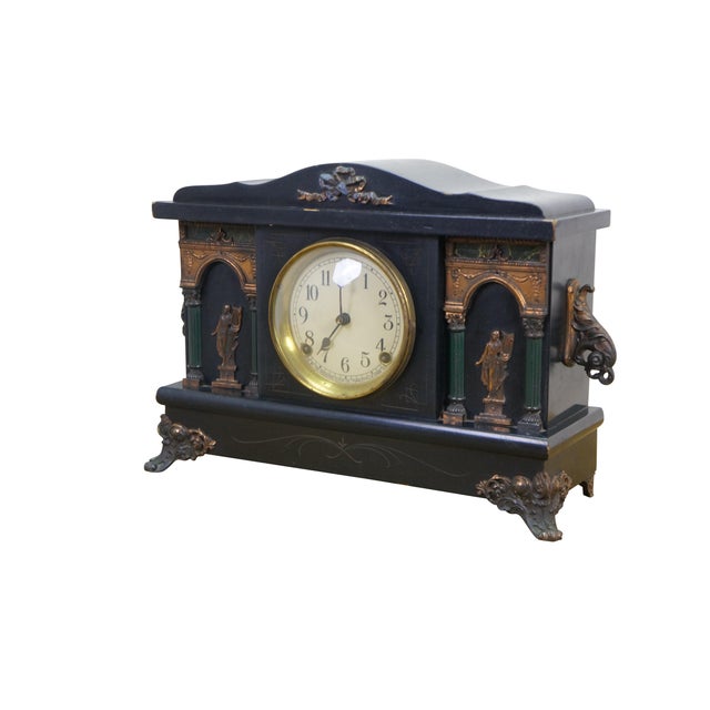 Victorian Antique Sessions Neoclassical Figure With Lyre Key Wound Mantel Clock 17" For Sale - Image 3 of 17