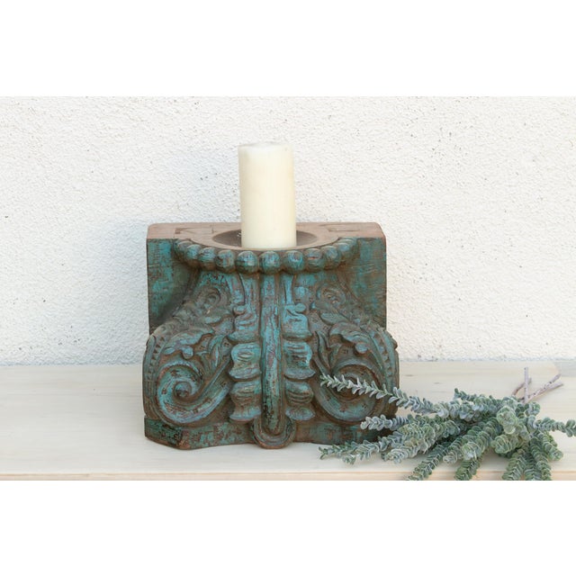 Indian Finely Carved Turquoise Blue Teak Capital For Sale - Image 3 of 8