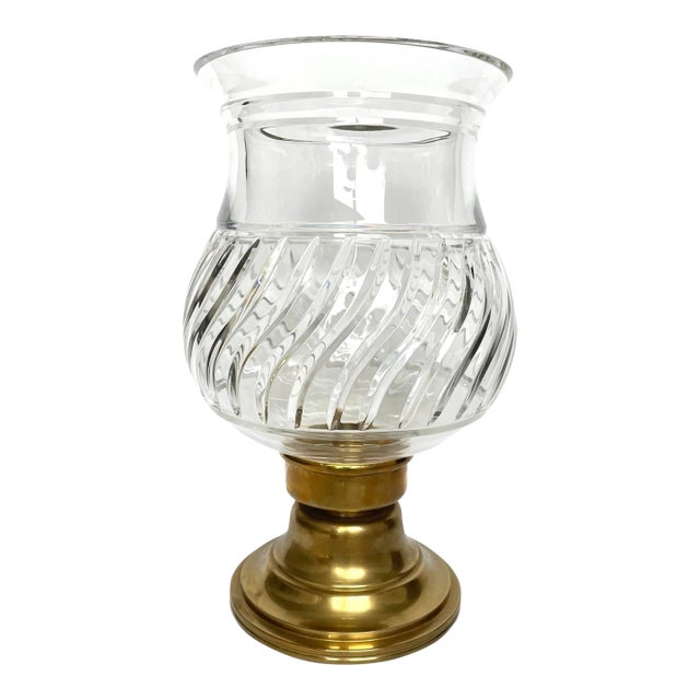 Ralph Lauren-Style Etched Crystal and Heavy Brass Base Hurricane Lamp 15x9” For Sale