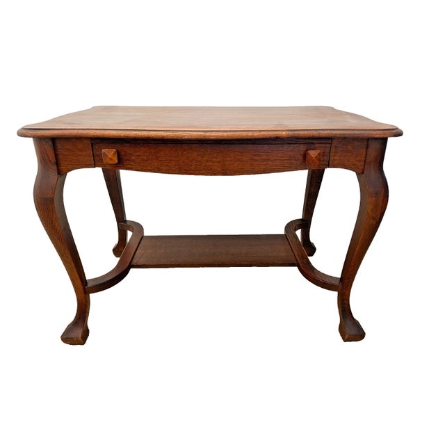 French Antique Cadillac Expanding Desk Table, Drawer, Tiger Oak, Bottom Shelf, Ink Well For Sale - Image 3 of 13
