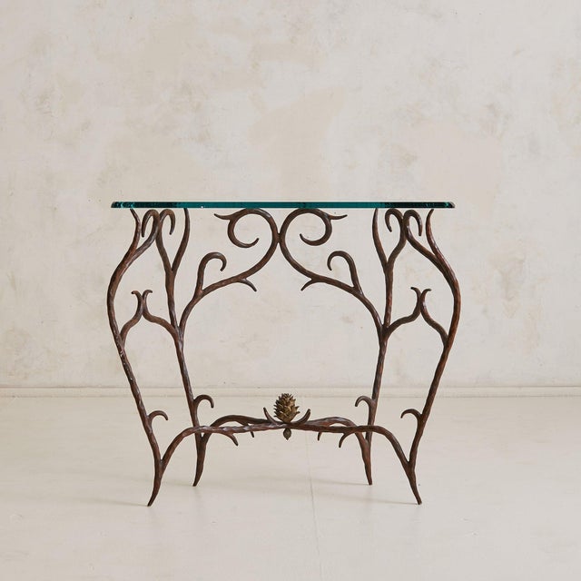 French Bronze + Chiseled Glass Console Table with Pinecone Detail, 1970s For Sale - Image 4 of 10