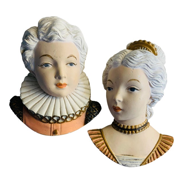 1940 Painted Chalk Ware Women Heads Bas Relief - a Pair For Sale