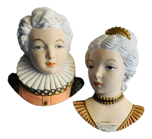 1940 Painted Chalk Ware Women Heads Bas Relief - a Pair