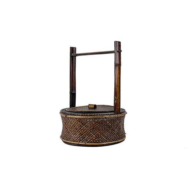 Antique Chinese Wood & Woven Food Basket With Lid For Sale - Image 4 of 15