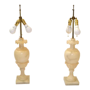 Pair Art Deco Hand-Carved Alabaster Urn Shape Table Lamps Brass Double Sockets